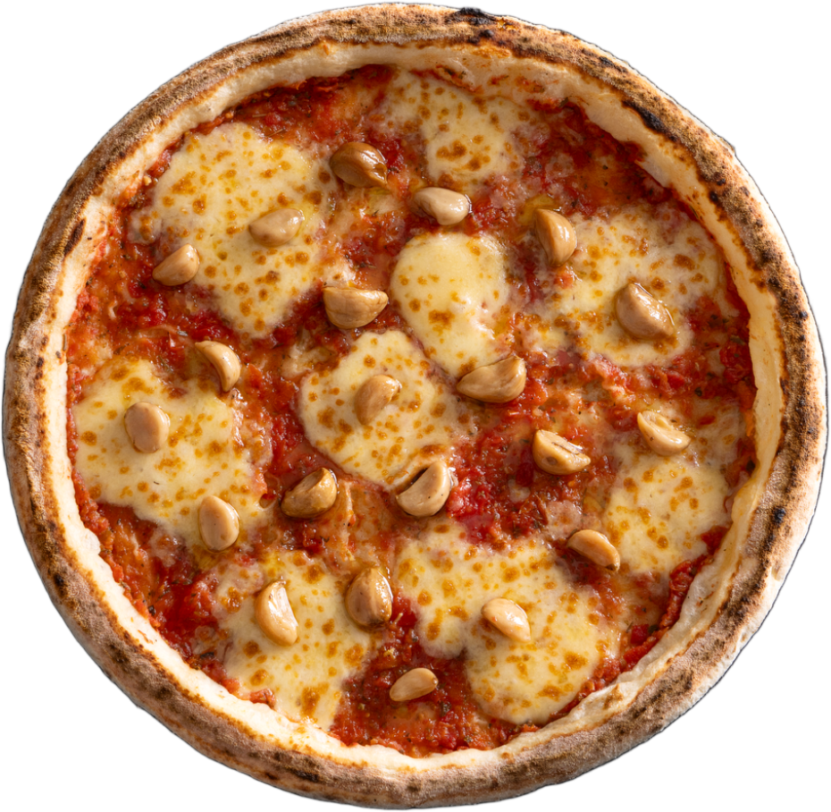 Pizza de alho confitado com massa de fermentação lenta de 48 horas, molho artesanal, queijo derretido e alho confitado no azeite.