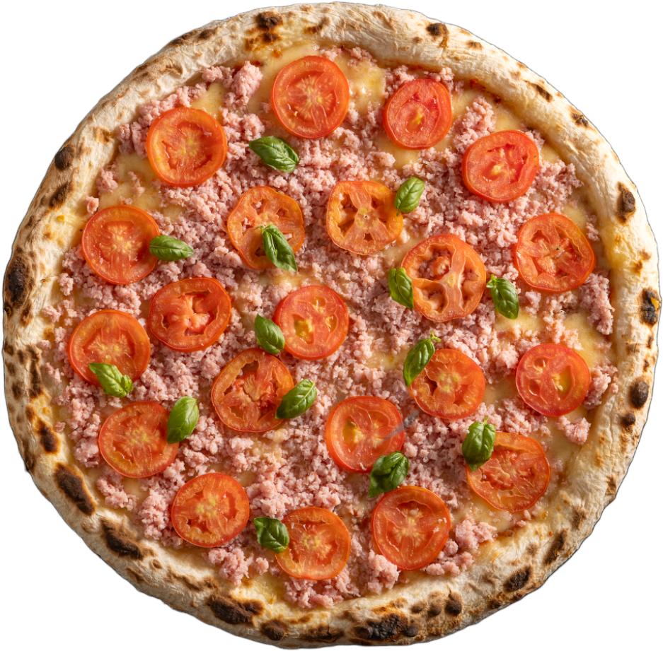 Pizza Allegro com massa de fermentação lenta de 48 horas, molho artesanal, queijo derretido, presunto, tomate fresco e manjericão.