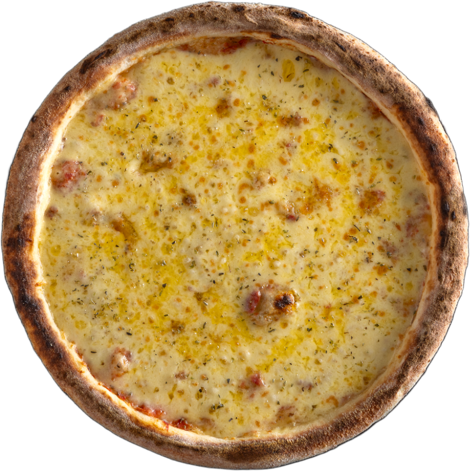 Pizza de mozzarella artesanal com massa de fermentação lenta de 48 horas, queijo derretendo e borda crocante.