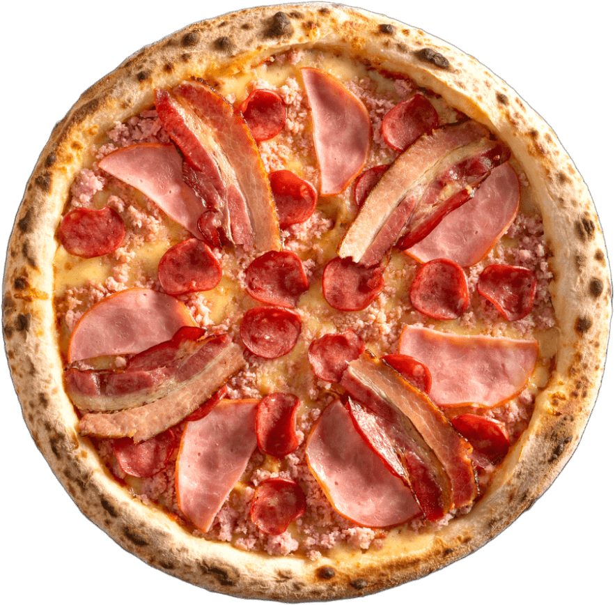 Pizza 4 Carnes com presunto, calabresa, lombo e bacon sobre massa de fermentação lenta e queijo derretido